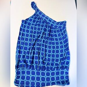 New York & Company Blue Chain-Print One Shoulder Blouse